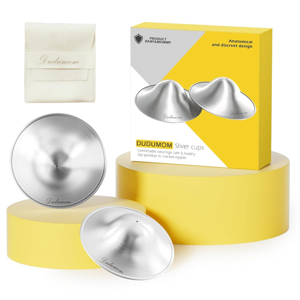 Dudumom original silver nursing cups front view highlighting ultra-lightweight design for breastfeeding comfort.