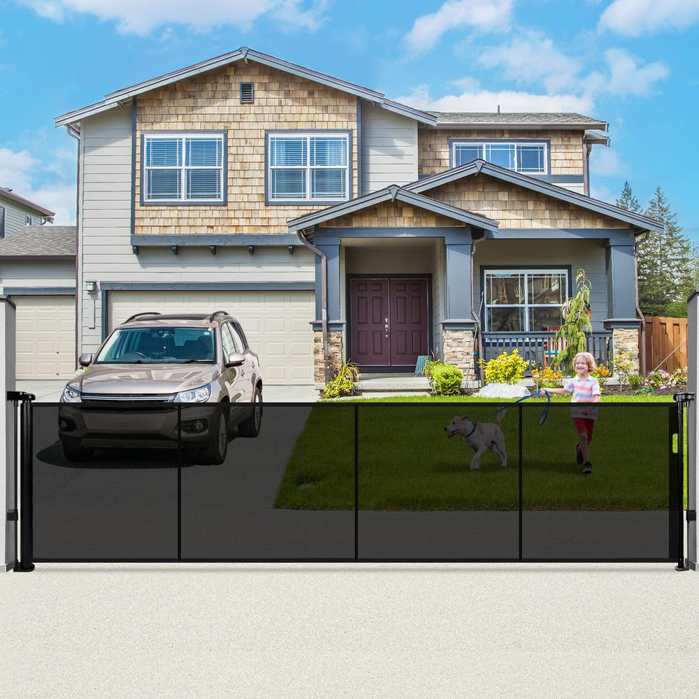 Dueelala 160in retractable baby gate extended to cover large openings for flexible safety.