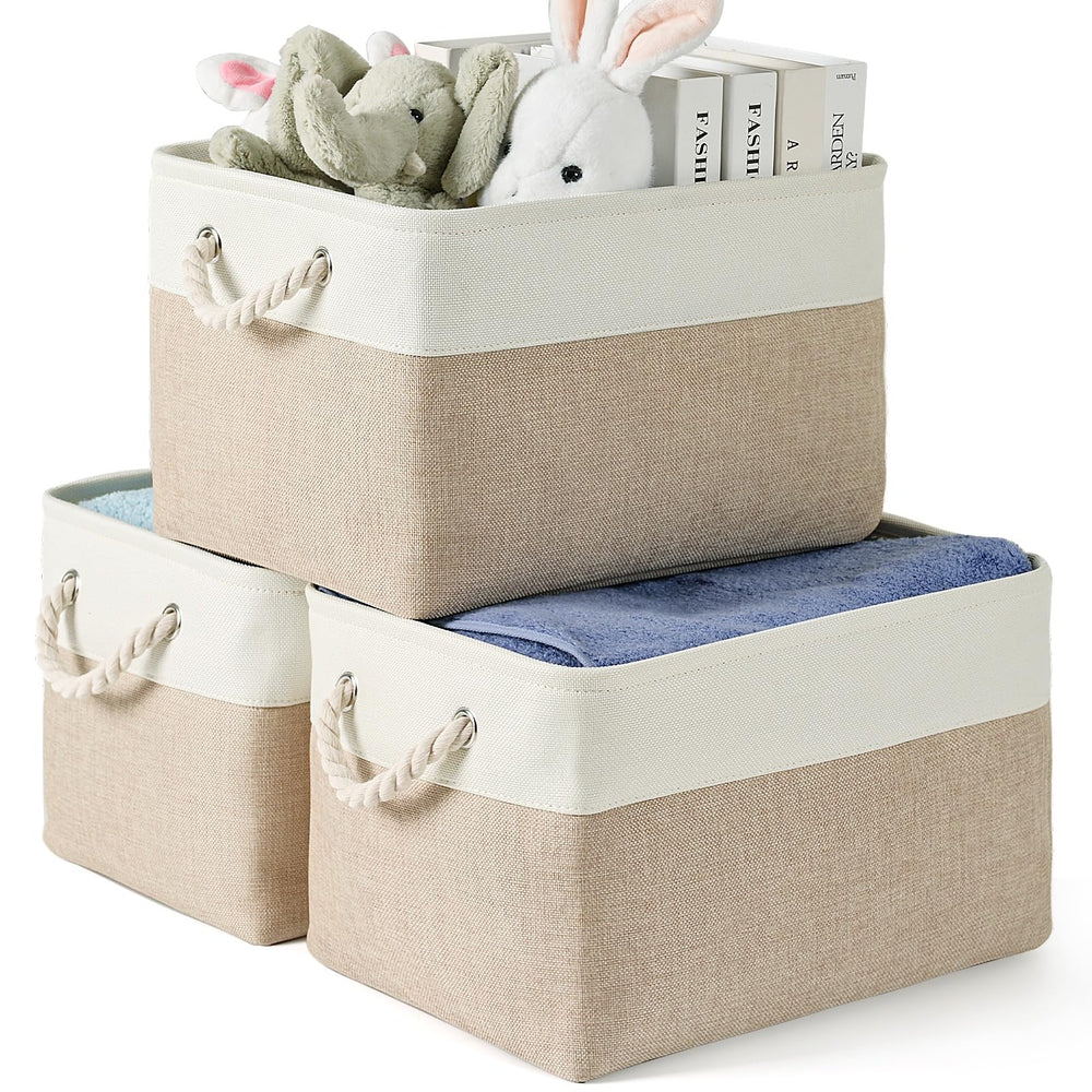 DUHEL storage bins 3-pack collapsible canvas on shelves for tidy storage