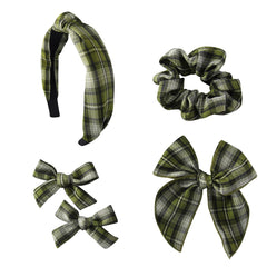 DUOJINSANXI striped headband set showcases green plaid fabric for versatile school-ready looks.