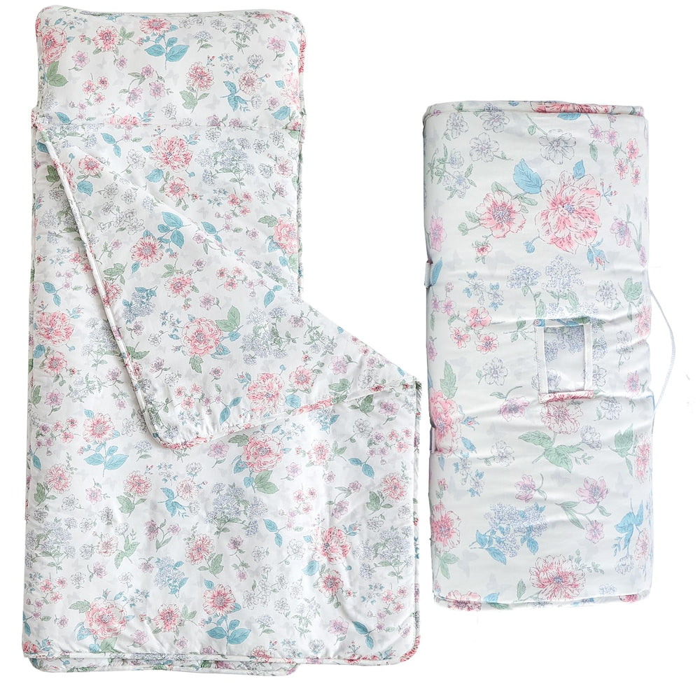 DuShow floral toddler nap mat rolled up for easy transport and storage