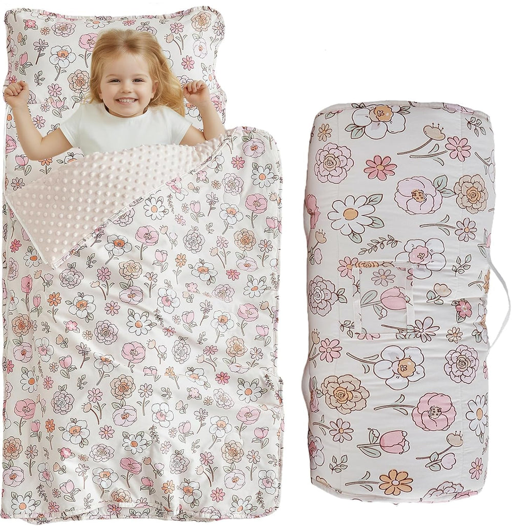 DuShow floral toddler nap mat with zipper showing secure closure for daycare.