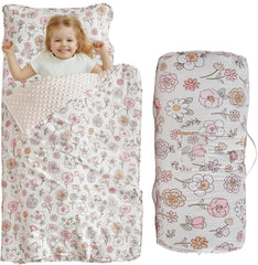DuShow floral toddler nap mat with zipper showing secure closure for daycare.