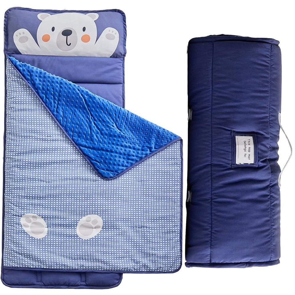 DuShow toddler nap mat rolled up with handle for easy portability and storage.