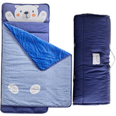 DuShow toddler nap mat rolled up with handle for easy portability and storage.