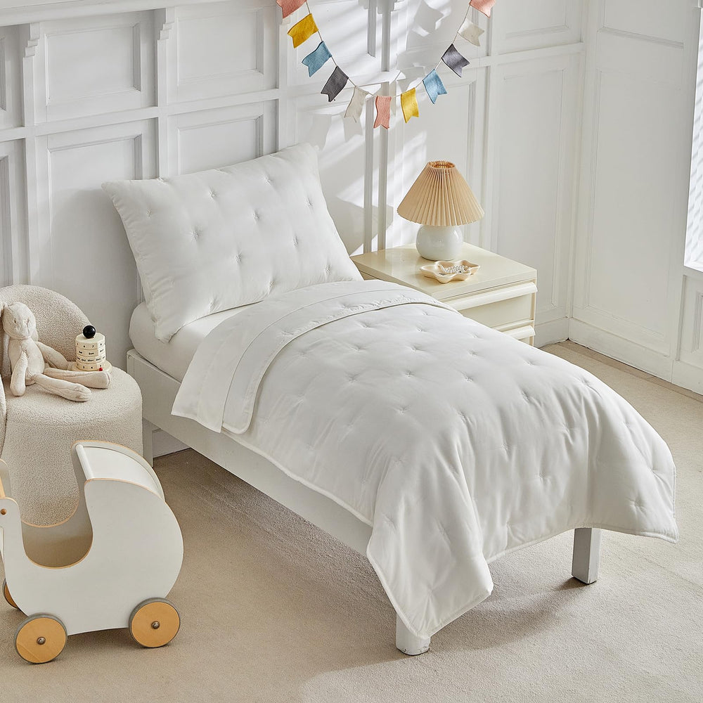 DuShow White 4-Piece Toddler Bedding Set display with embroidery comforter for all-season warmth