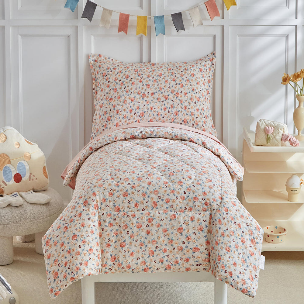 DuShow Toddler Bedding Set pink floral comforter visible, soft and inviting for restful naps