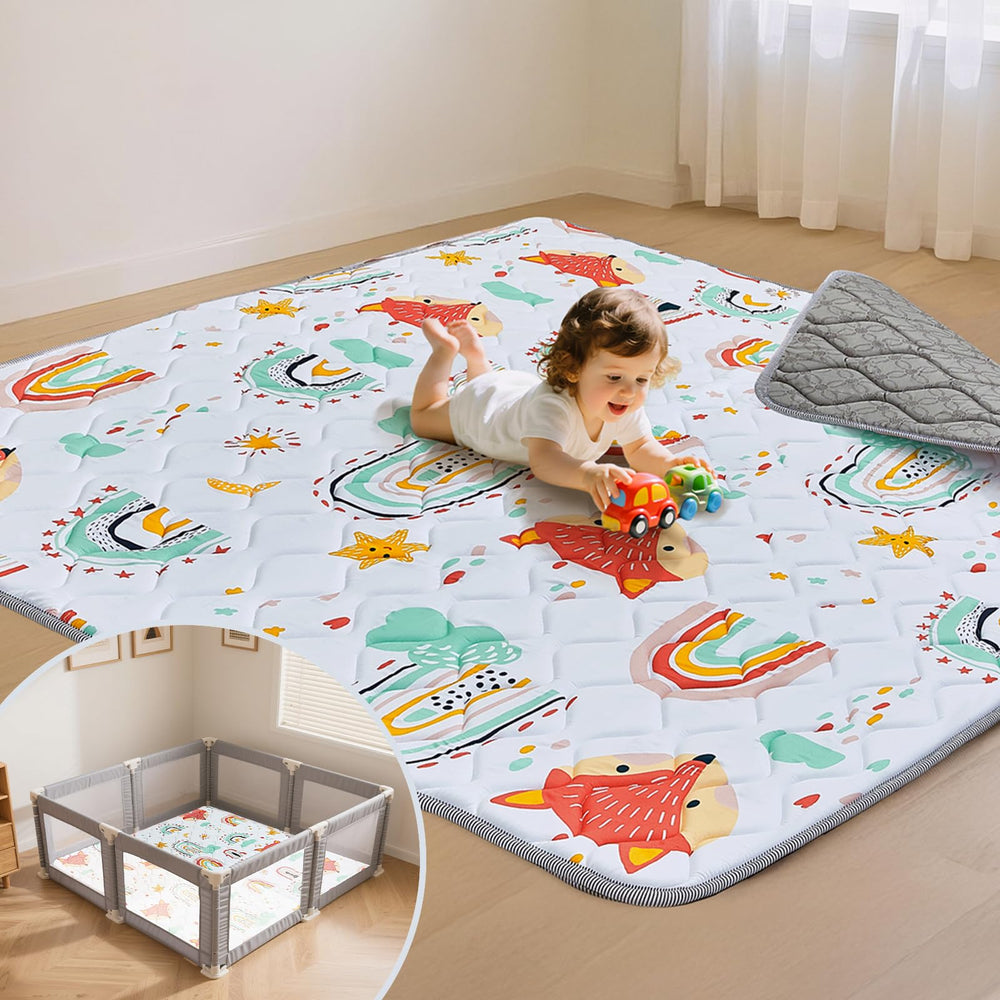 Duwenem Rainbow Fox play mat 50x50 laid out for safe crawling.