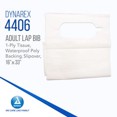 Dynarex 4406 slipover bib side-wearer demonstrates quick over-the-head fit for easy use.