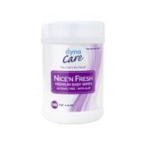 Dynarex Nice'n Fresh baby wipes canister dispensing for easy on-the-go cleaning.