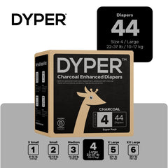 DYPER charcoal diapers close-up shows absorbent core and leak protection.