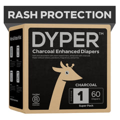 DYPER Charcoal Enhanced Diapers packaging shows eco-friendly design with odor control.
