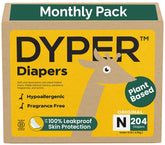 DYPER Newborn Diapers Pack 204-count with comfortable day and night fit.