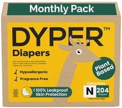 DYPER Newborn Diapers Pack 204-count with comfortable day and night fit.