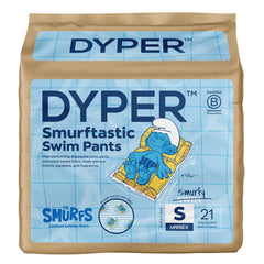 DYPER Smurftastic swim diapers packshot shows 21-count box for easy pool prep and eco-friendly choice.