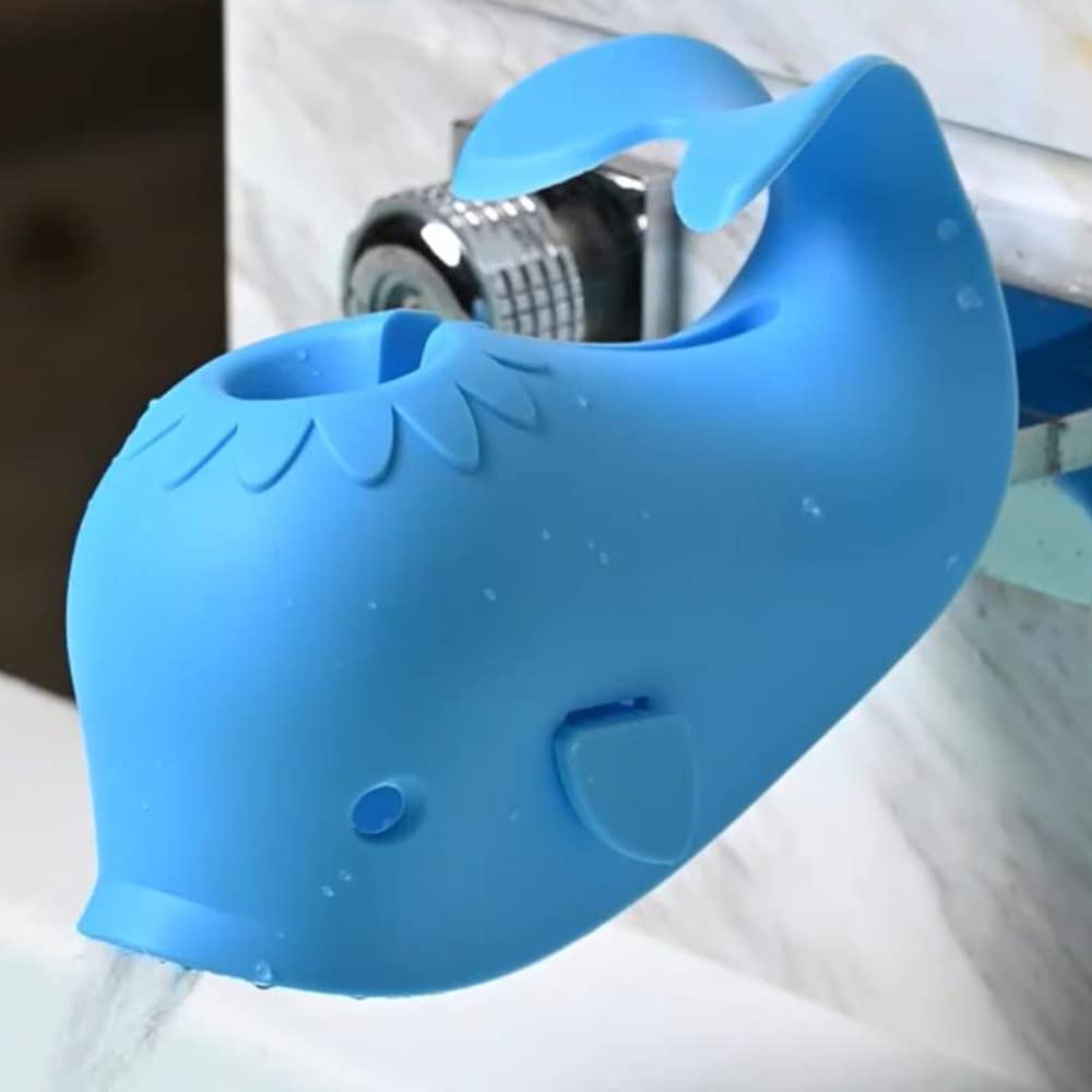 DYSONGO faucet cover whale blue front view protects kids during bath and adds fun.