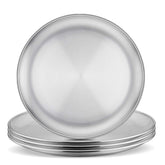 E-far 8-inch stainless steel plates 4-pack, neatly stacked for easy storage and family meals.