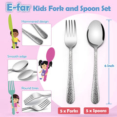 The e-far toddler utensils forks closeup reveals smooth edges for safe meals.
