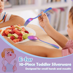 E-far hammered-handle detail adds playful, independent-eating appeal