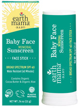 Earth Mama Baby Face Mineral Sunscreen Stick applied to a playful child's face for UVA/UVB protection.