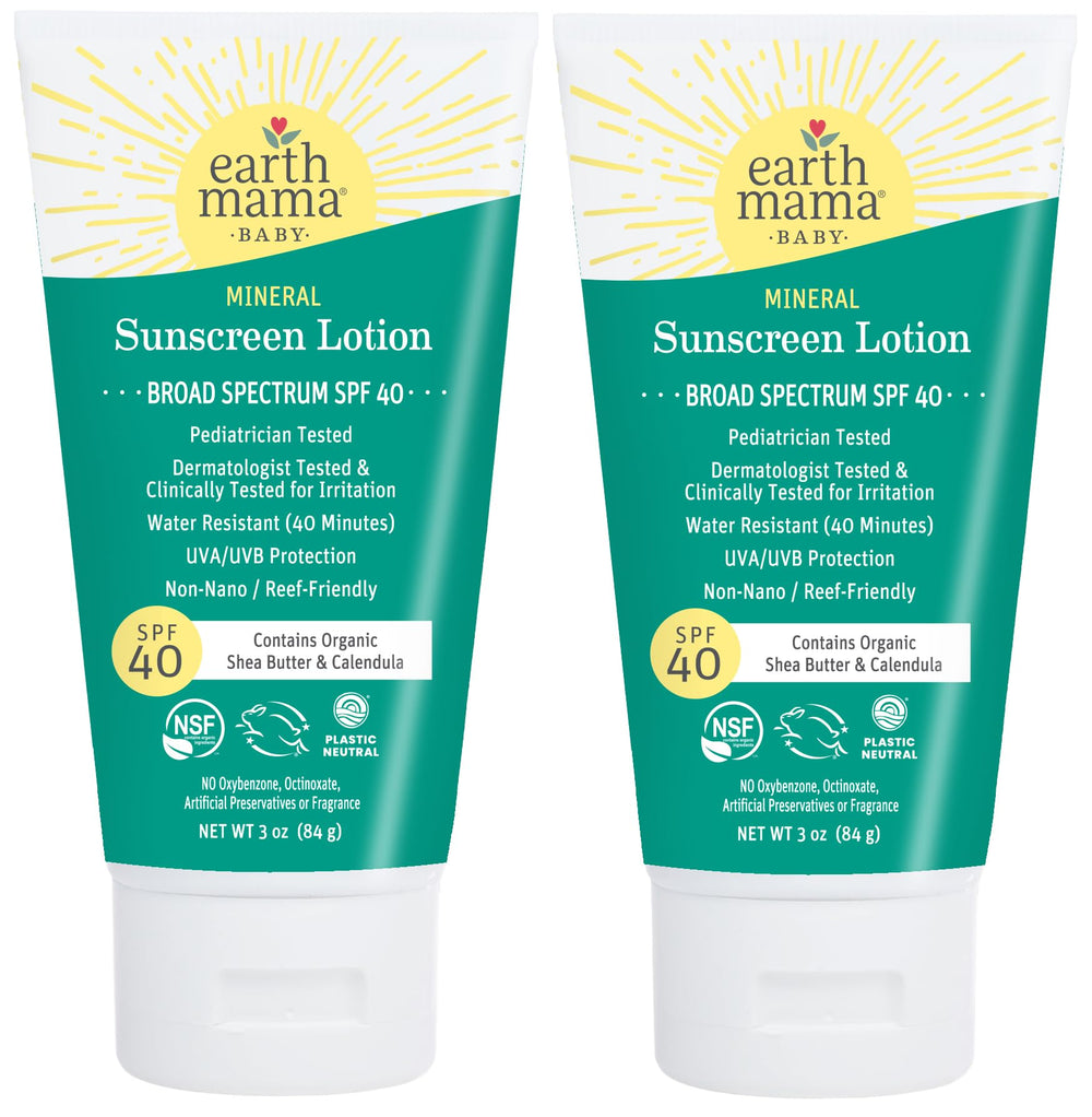 Earth Mama Baby Mineral Sunscreen Lotion bottle offers non-nano SPF 40 for family sun protection