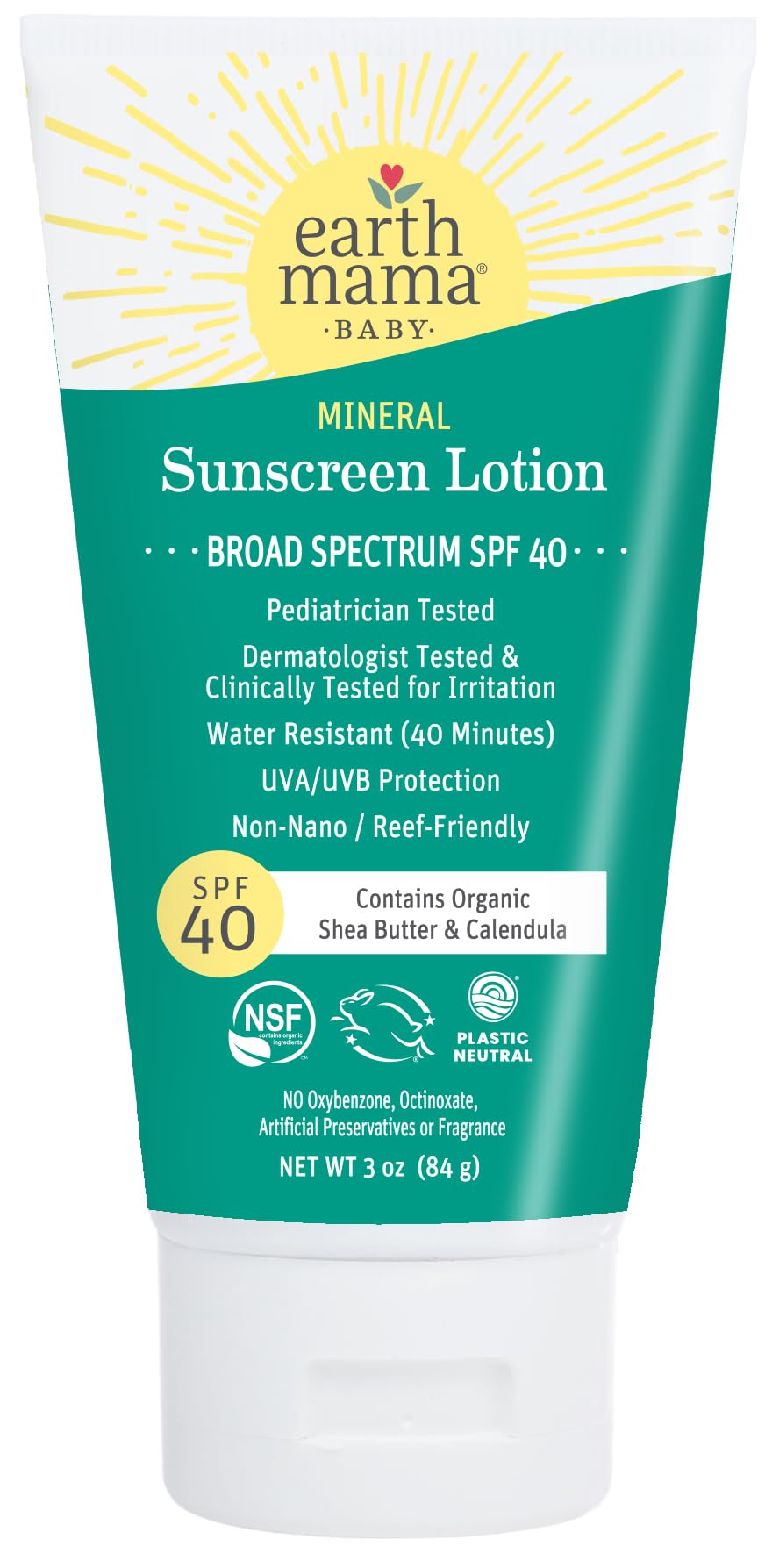 Earth Mama Baby Mineral Sunscreen Lotion tube closeup shows gentle, chemical-free UV protection for sensitive skin.