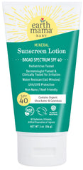 Earth Mama Baby Mineral Sunscreen Lotion tube closeup shows gentle, chemical-free UV protection for sensitive skin.