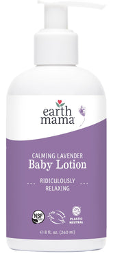 Earth Mama Calming Lavender Baby Lotion bottle close-up highlights soothing moisture for dry skin.