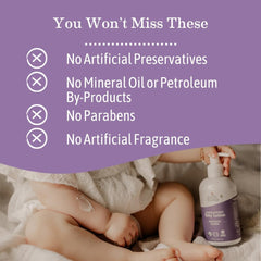 Earth Mama Calming Lavender Baby Lotion texture swirl demonstrates creamy moisture for sensitive skin.