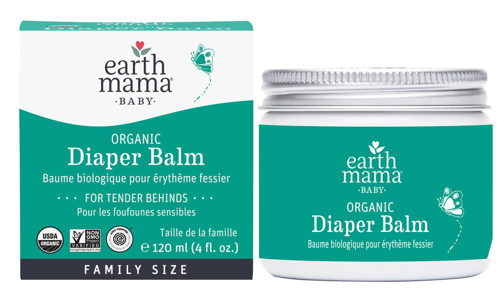 Earth Mama Diaper Balm tube front showing fragrance-free formula for sensitive skin