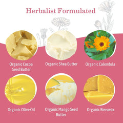 Earth Mama Organic Nipple Butter packaging on display highlighting non-GMO and natural ingredients.