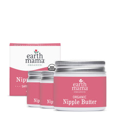 Earth Mama Organic Nipple Butter tub close-up showing soothing organic formula for dry skin.