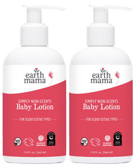Earth Mama Simply Non-Scents Baby Lotion bottle shows unscented hydration for sensitive skin