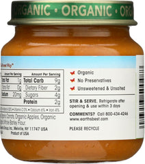 Earth's Best turkey-vegetable puree jar label highlights certified organic, no artificial colors or flavors.