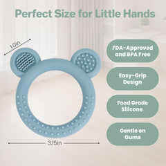 Eascrozn bear teether shows textured bristles for gum massage.