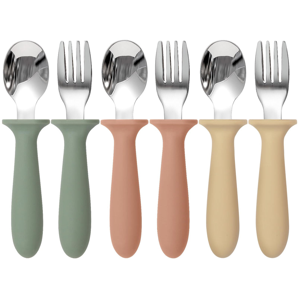 Eascrozn toddler utensils 6-pack in bright colors for independent feeding.