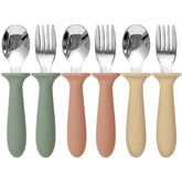 Eascrozn toddler utensils 6-pack in bright colors for independent feeding.
