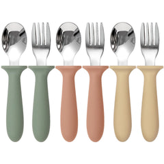 Eascrozn toddler utensils 6-pack in bright colors for independent feeding.