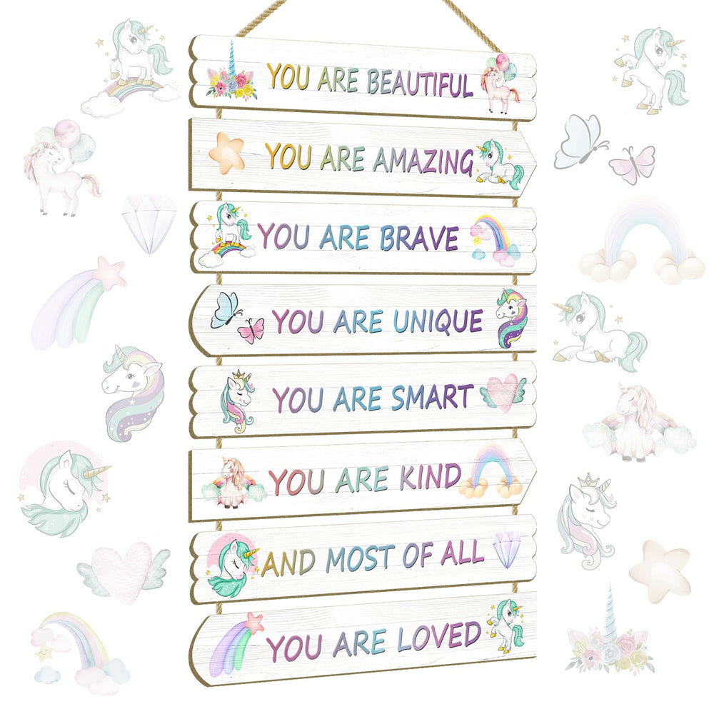 Easozoom unicorn wall art 8-piece set adds playful color and charm to a child's room.