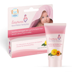 Easynurse Nursing Salve bottle close-up shows natural support for mom and baby.