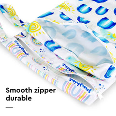 eaxin Rainbows waterproof wet bag fabric shows 100% polyester construction for splash-proof travel