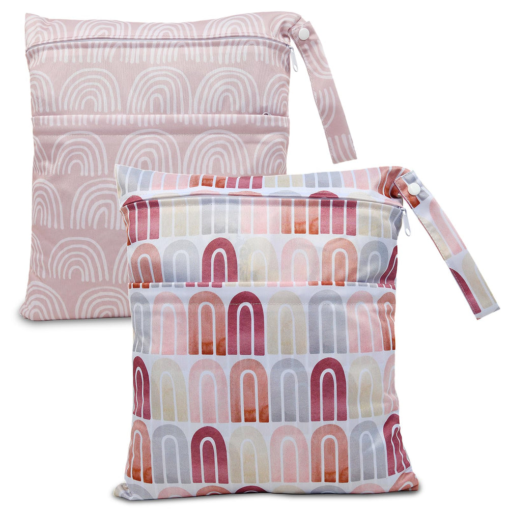 Eaxin wet-dry-bags pink rainbows front view shows spacious diaper storage.