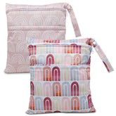 Eaxin wet-dry-bags pink rainbows front view shows spacious diaper storage.