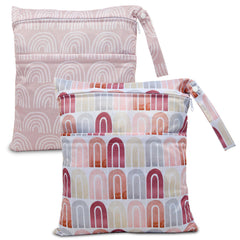 Eaxin wet-dry-bags pink rainbows front view shows spacious diaper storage.