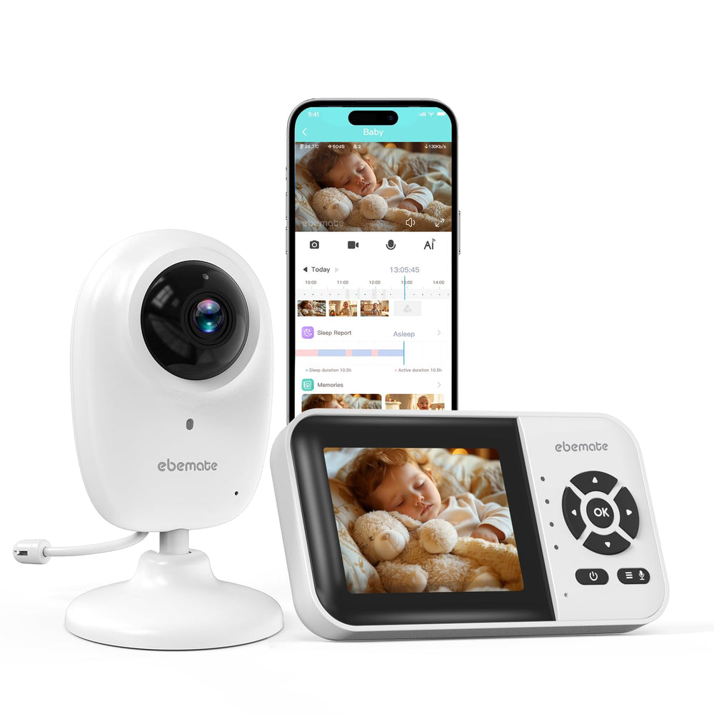 ebemate baby monitor front view showing compact bedside design for easy placement.