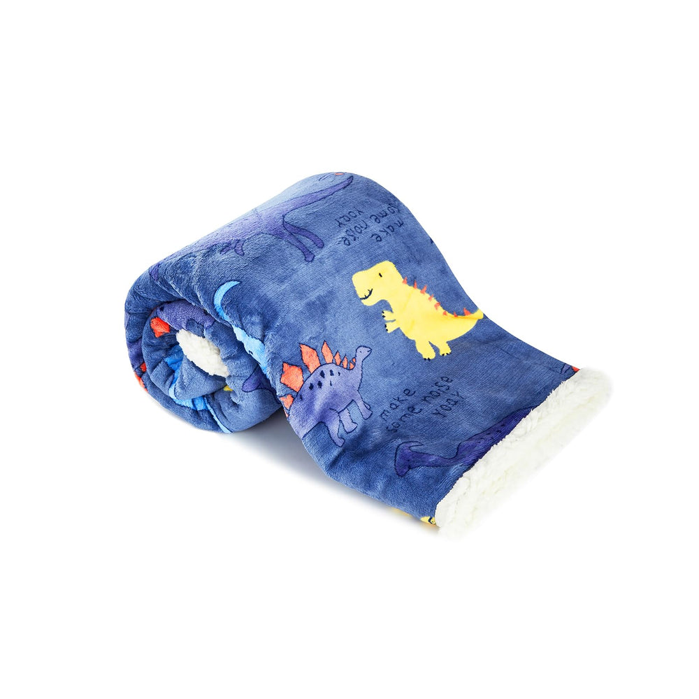 ECHERY navy blue dinosaur wrap swaddle blanket close-up shows soft flannel texture for extra warmth.