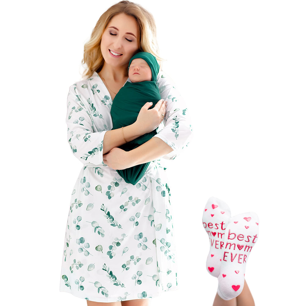 ECO BABY Mommy and Me robe and swaddle set paired for hospital stay with coordinated look