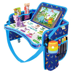 EcoFantasy Kids Travel Tray blue on car seat keeps toys organized during trips.