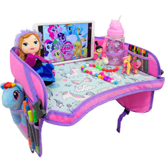 ecoZen Lifestyle pink toddler lap desk on a car seat tray for organized travel