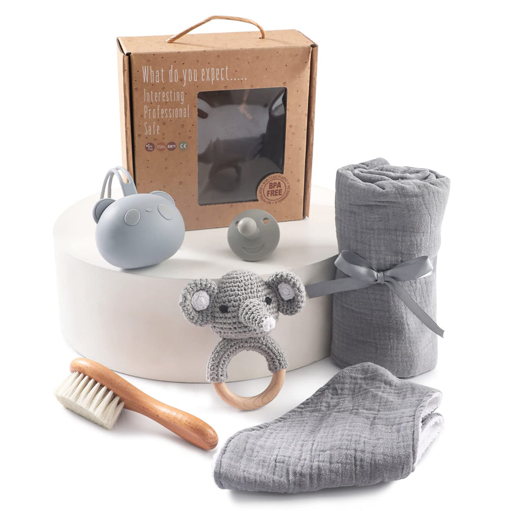 EERKEOD baby gift box in neutral gray packaging ready for gifting.